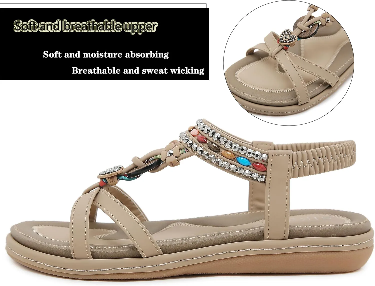 Womens T-Strap Sandals Bohemian Beaded Flat Sandals Ladies Comfortable Open Toe Elastic Ankle Strap Sandals Dress Summer Beach Shoes