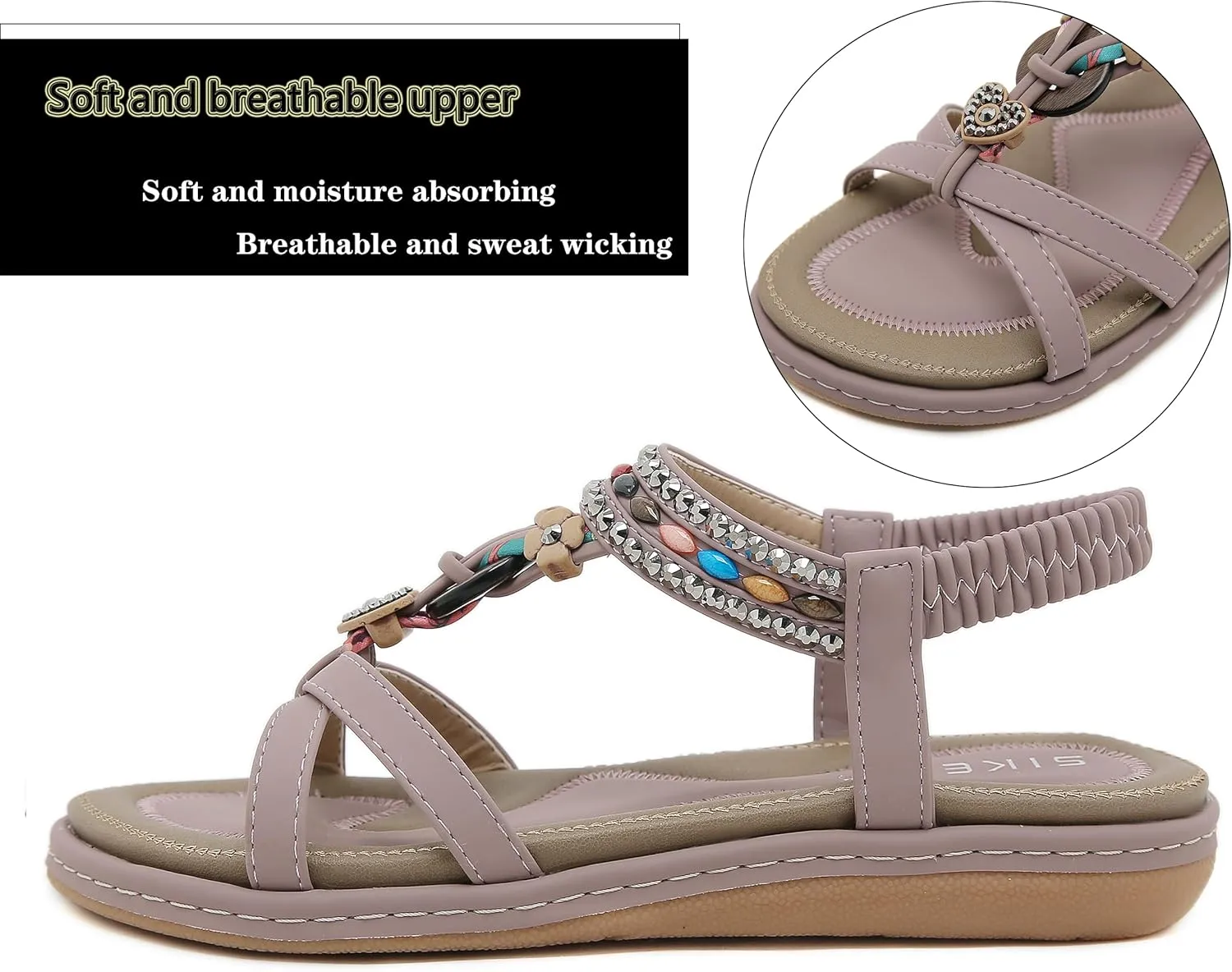 Womens T-Strap Sandals Bohemian Beaded Flat Sandals Ladies Comfortable Open Toe Elastic Ankle Strap Sandals Dress Summer Beach Shoes