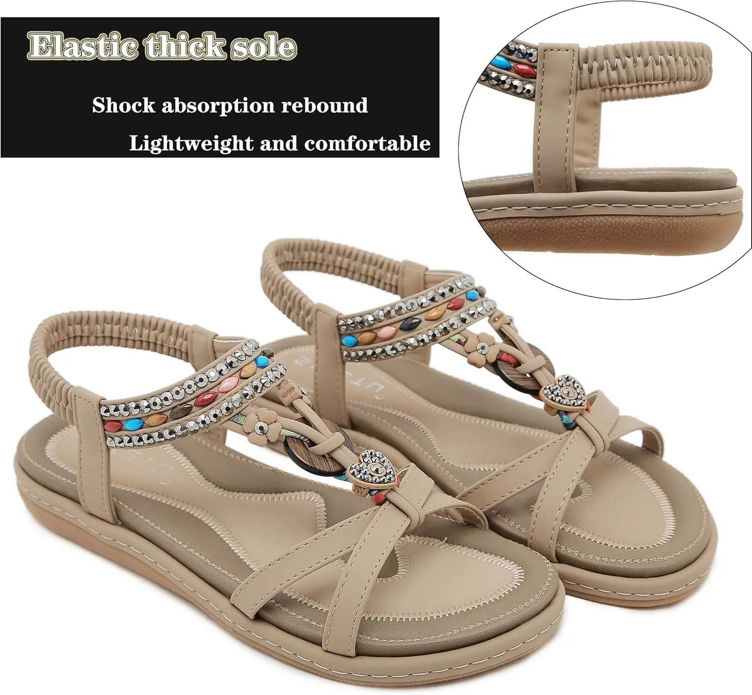 Womens T-Strap Sandals Bohemian Beaded Flat Sandals Ladies Comfortable Open Toe Elastic Ankle Strap Sandals Dress Summer Beach Shoes