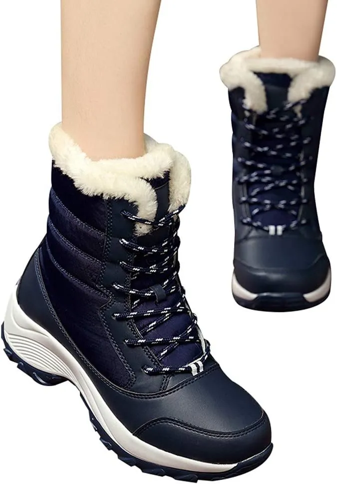 Women's Thermal Mid-Calf Snow Boots Waterproof Platform Lace-Up Winter Outdoor Shoes