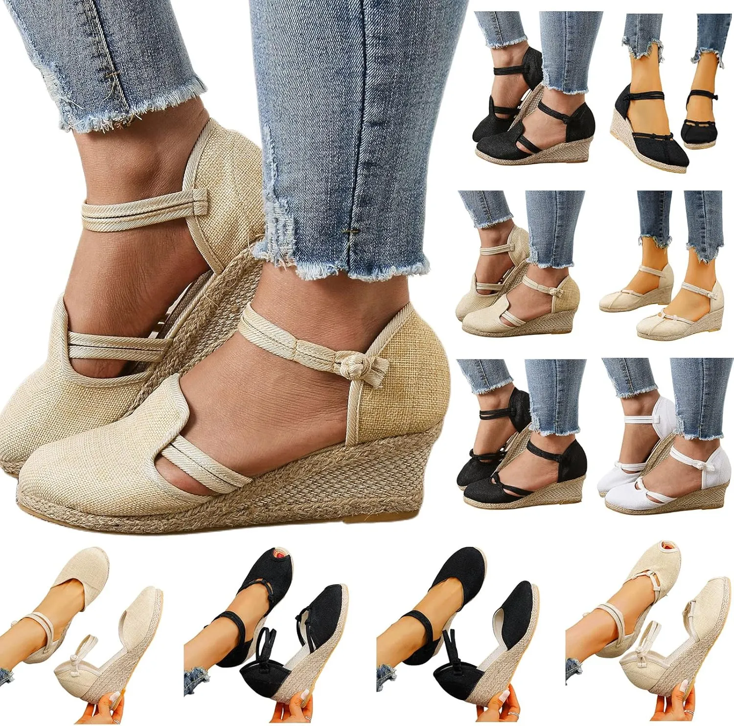 Womens Wedge Platform Espadrilles Slingback Closed Toe Ankle Strap Flats, Slip On Low Heel Wedge Sandals Summer Casual Dressy Espadrille Shoes Comfortable Elegant Wedding Sandals