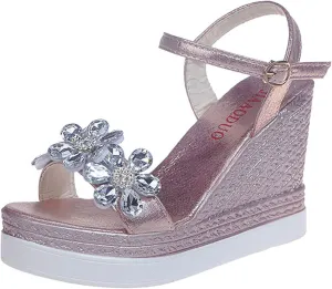 Womens Wedges Platforms Crystal Floral Sandals,Summer Casual Ankle Straps Buckle Open Toe Chunky High Heels Sandalias Comfy Banquet Party Shoes