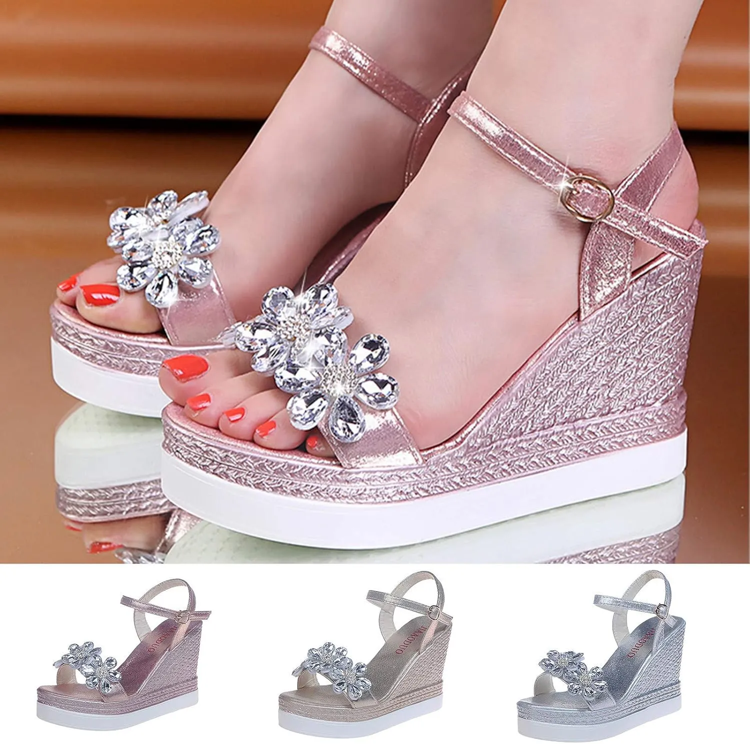 Womens Wedges Platforms Crystal Floral Sandals,Summer Casual Ankle Straps Buckle Open Toe Chunky High Heels Sandalias Comfy Banquet Party Shoes