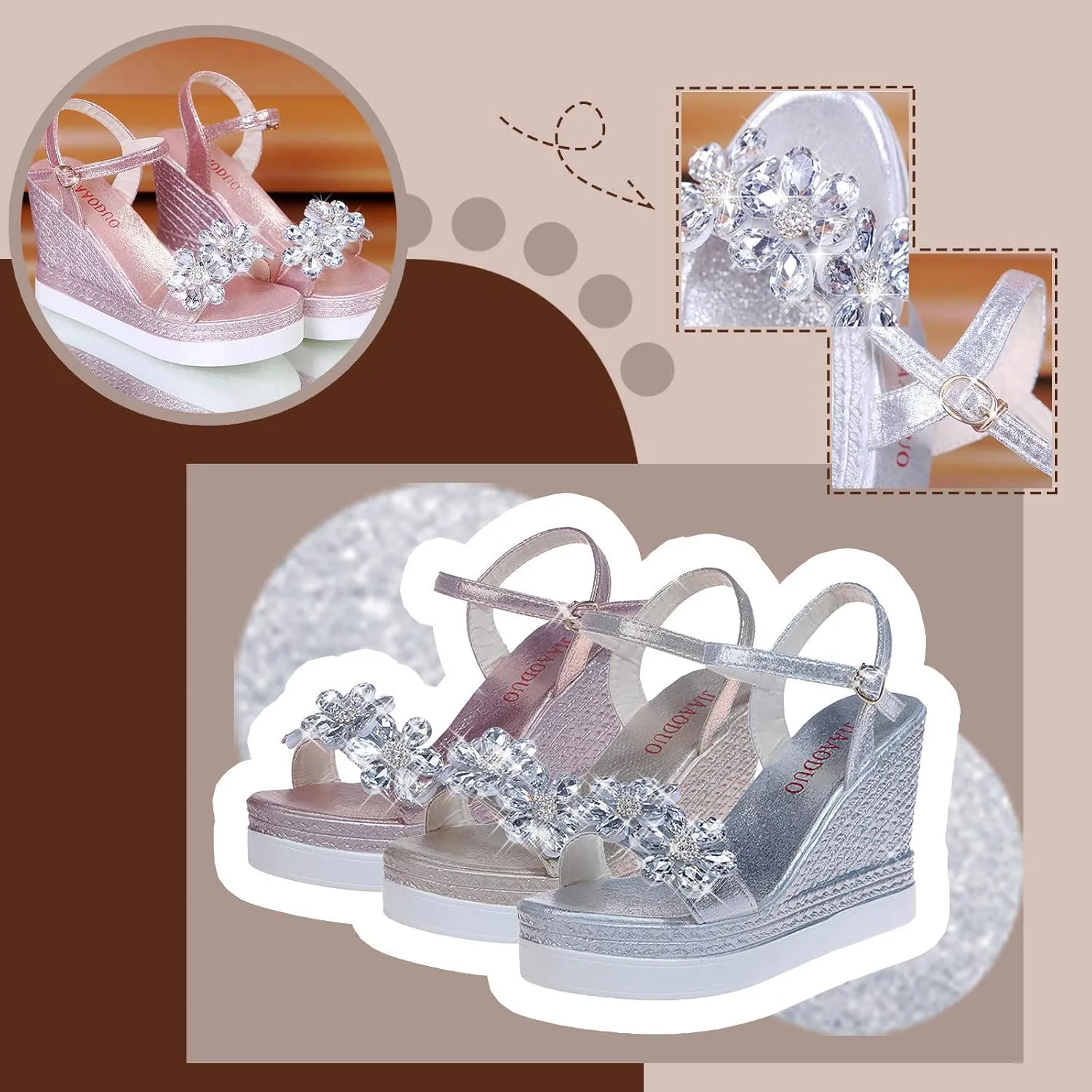Womens Wedges Platforms Crystal Floral Sandals,Summer Casual Ankle Straps Buckle Open Toe Chunky High Heels Sandalias Comfy Banquet Party Shoes