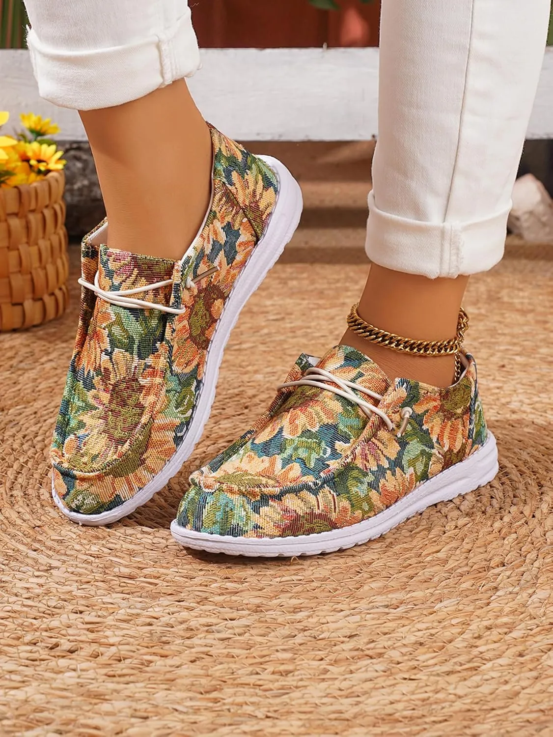 Women's Wendy Chambray Boho Print Slip on Loafers Comfortable & Lightweight Women's Flat Shoes Orthotic Casual Women's Shoes
