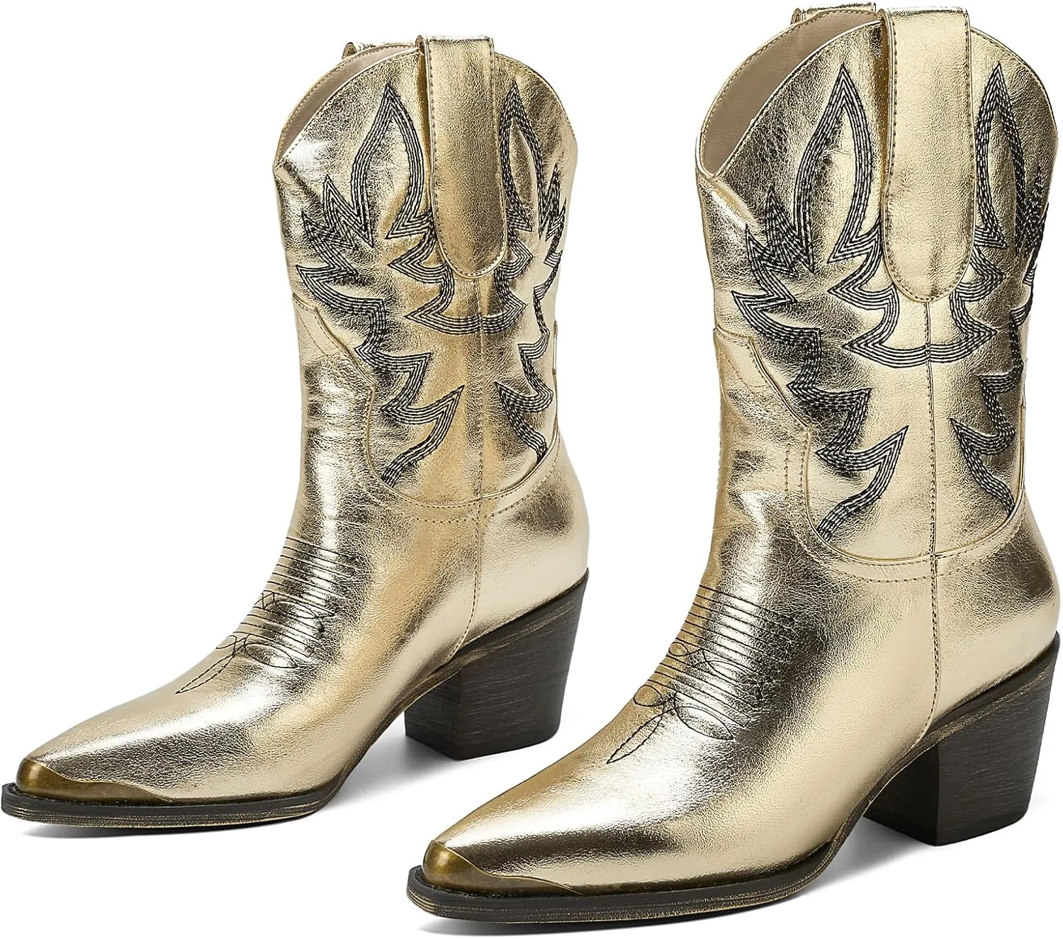 Women's Western Cowboy Ankle Boots Short Cowgirl Boots with Classic Embroidered Slip On Pointed Toe Chunky Country Booties
