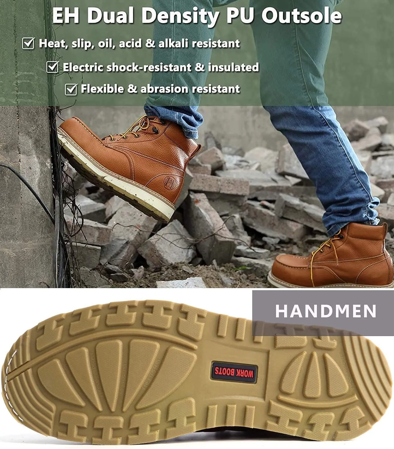Work Boots for Men - 6" Composite/Soft Toe Mens Work Boots, Non-Slip Water Resistant EH Construction Work Shoes