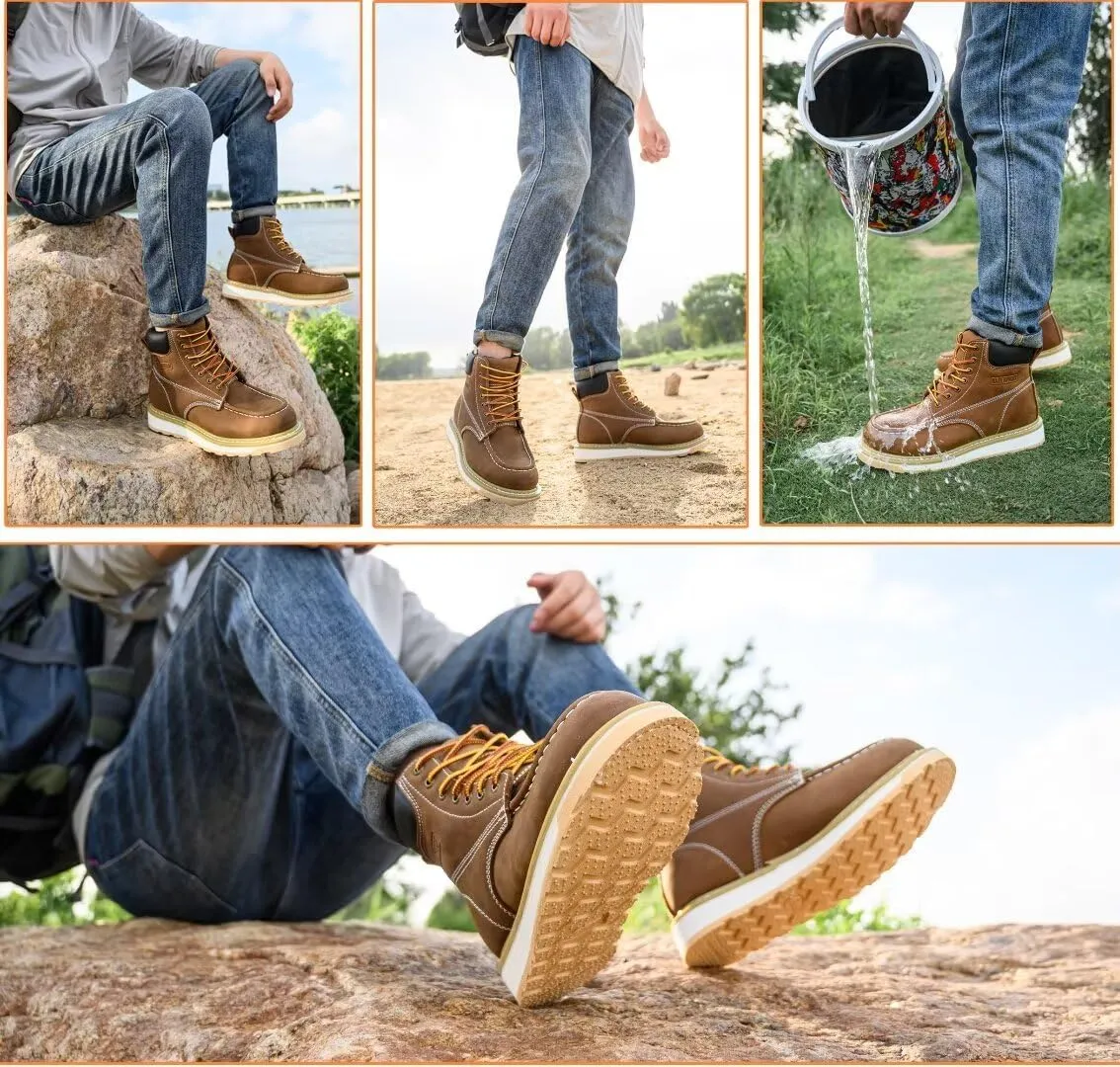 Work Boots for Men, 6" Soft Toe Wedge Sole Waterproof Safety Boots, Comfortable Construction Work Safety Shoes