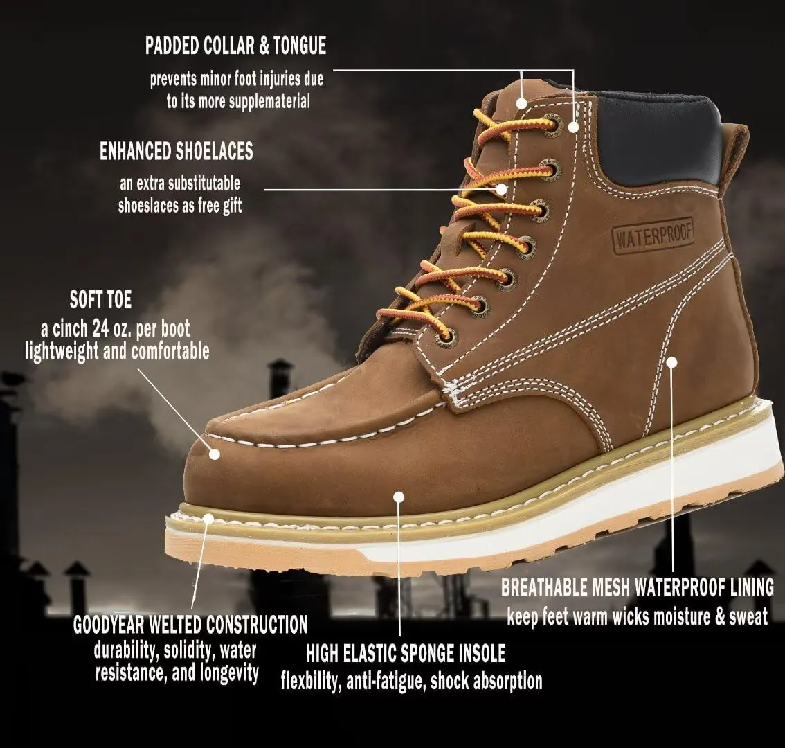 Work Boots for Men, 6" Soft Toe Wedge Sole Waterproof Safety Boots, Comfortable Construction Work Safety Shoes