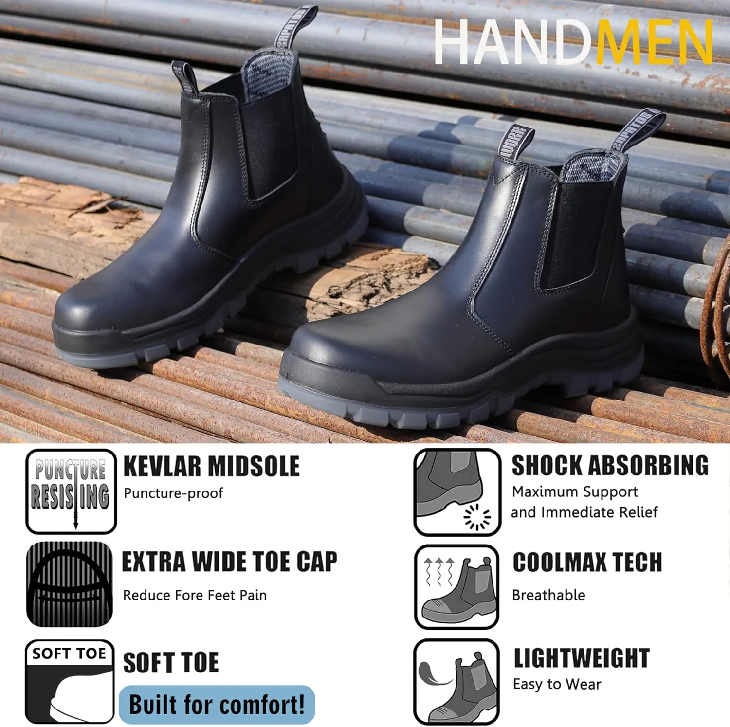 Work Boots for Men, Composite/Soft Toe Waterproof Working Boots, Slip Resistant Anti-Static Slip-on Safety Working Shoes 8 9 10 11 12 13