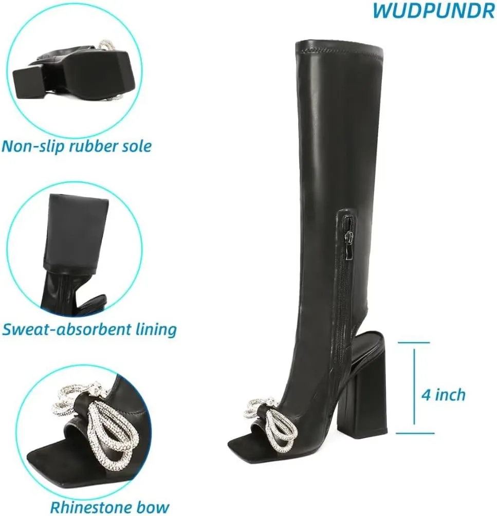 WUDPUNDR Women's Chunky Heel Knee High Boots High Heeled Dress Long Tall Boots