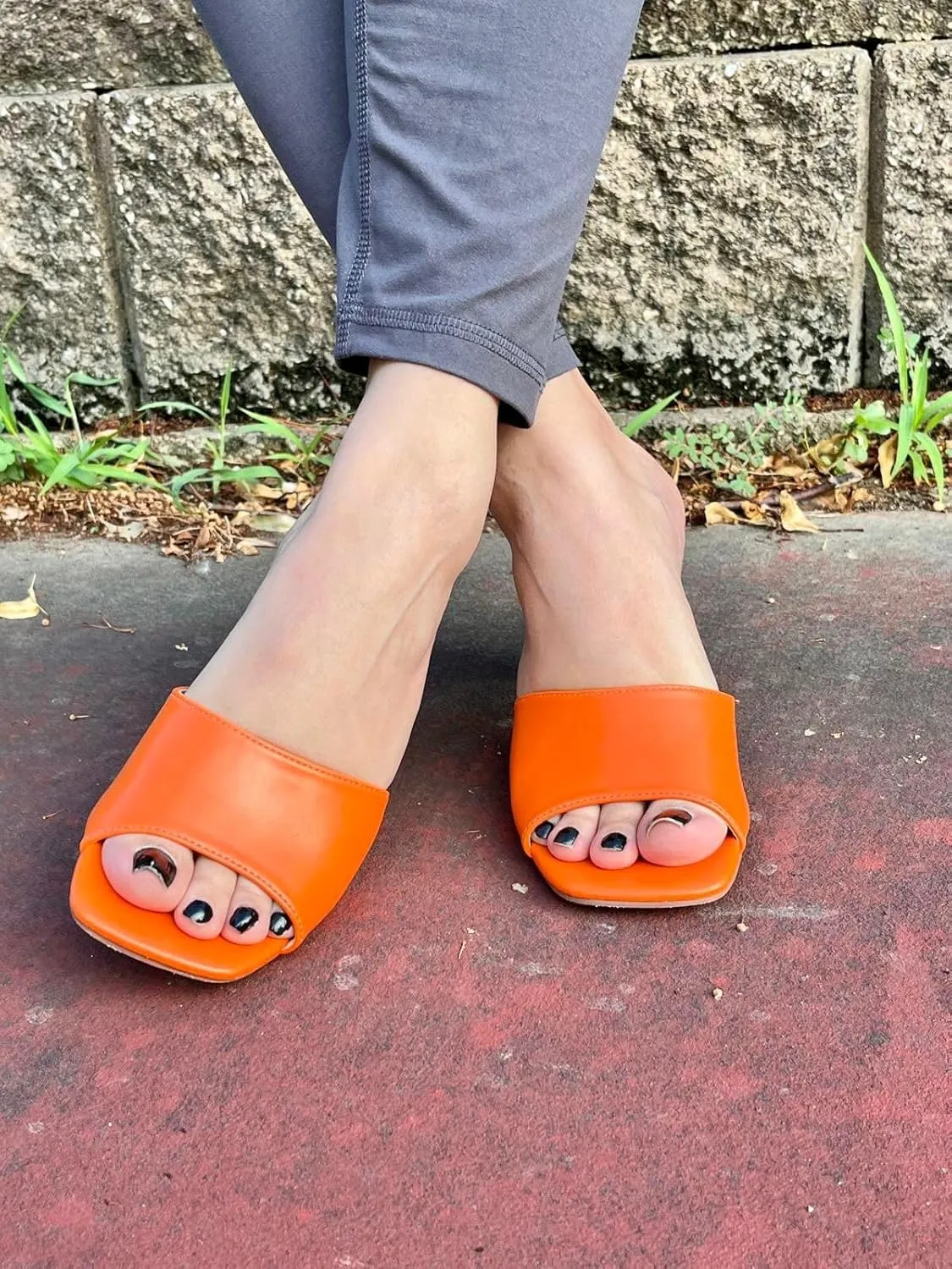 X2B Womens Chunky Heel Sandals Open Square Toe Mule Heel Sandal Slip On High Heels Shoes