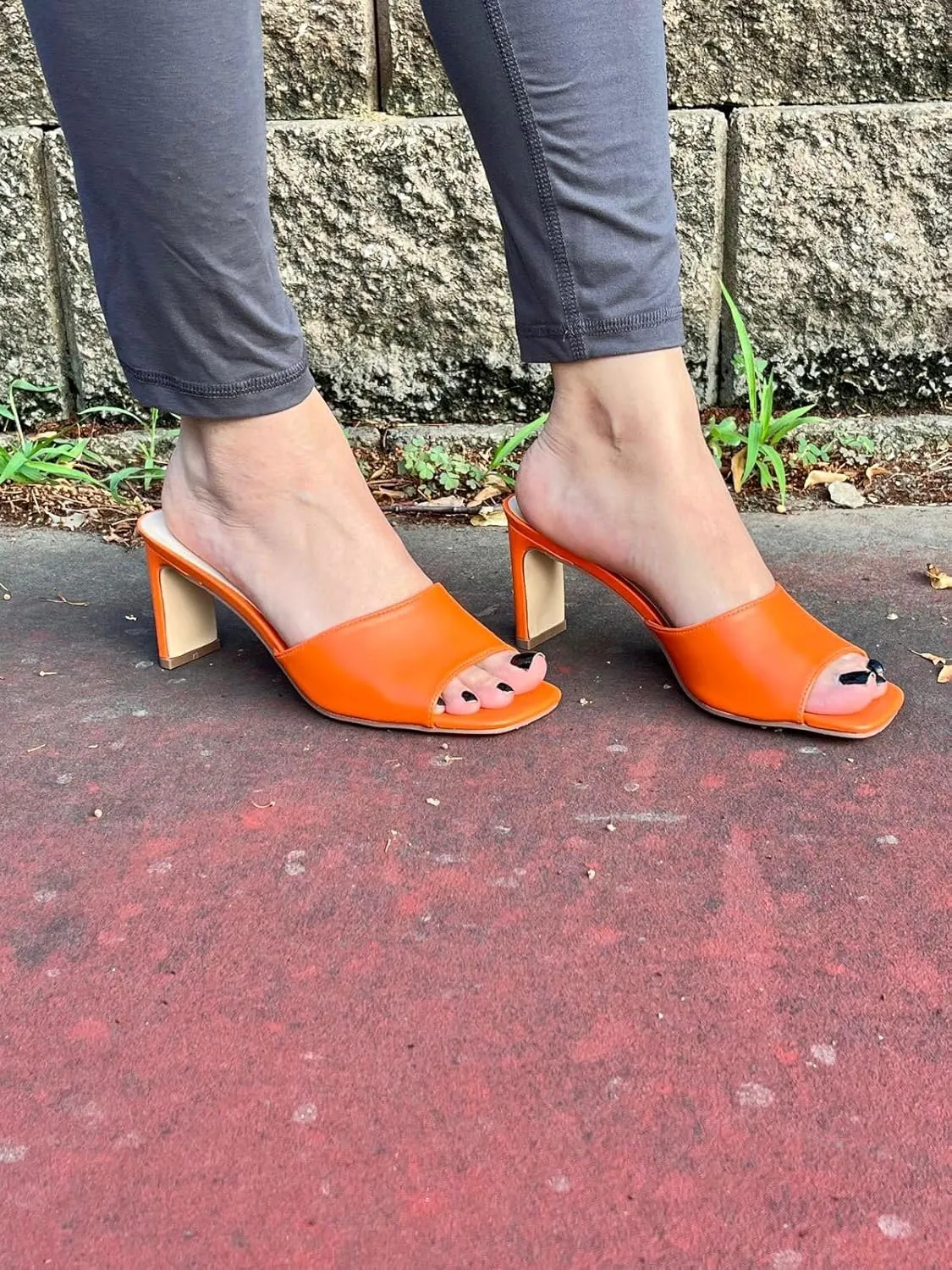 X2B Womens Chunky Heel Sandals Open Square Toe Mule Heel Sandal Slip On High Heels Shoes