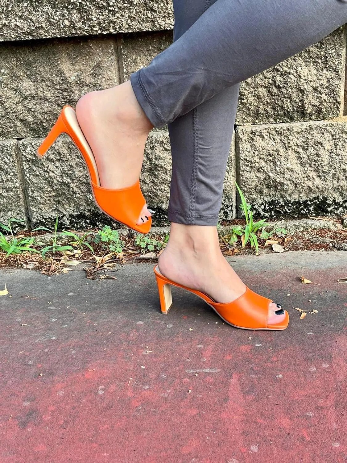 X2B Womens Chunky Heel Sandals Open Square Toe Mule Heel Sandal Slip On High Heels Shoes