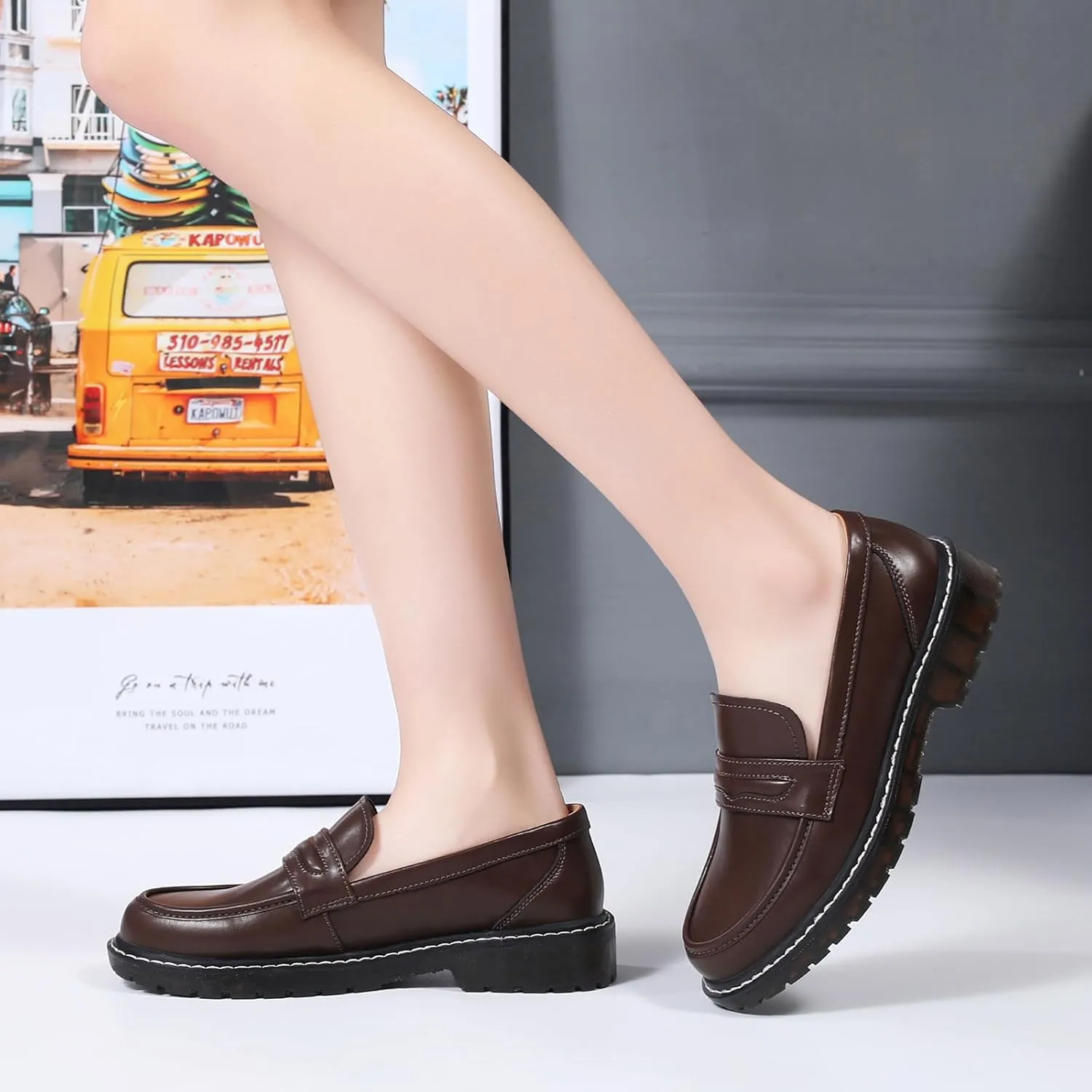 XMM Black Loafers for Women Chunky Loafer Shoes Penny Loafers Flats Lug Sole Lightweight Slip On Ladies Shoes Business Casual Dressy Comfortable Office Shoes