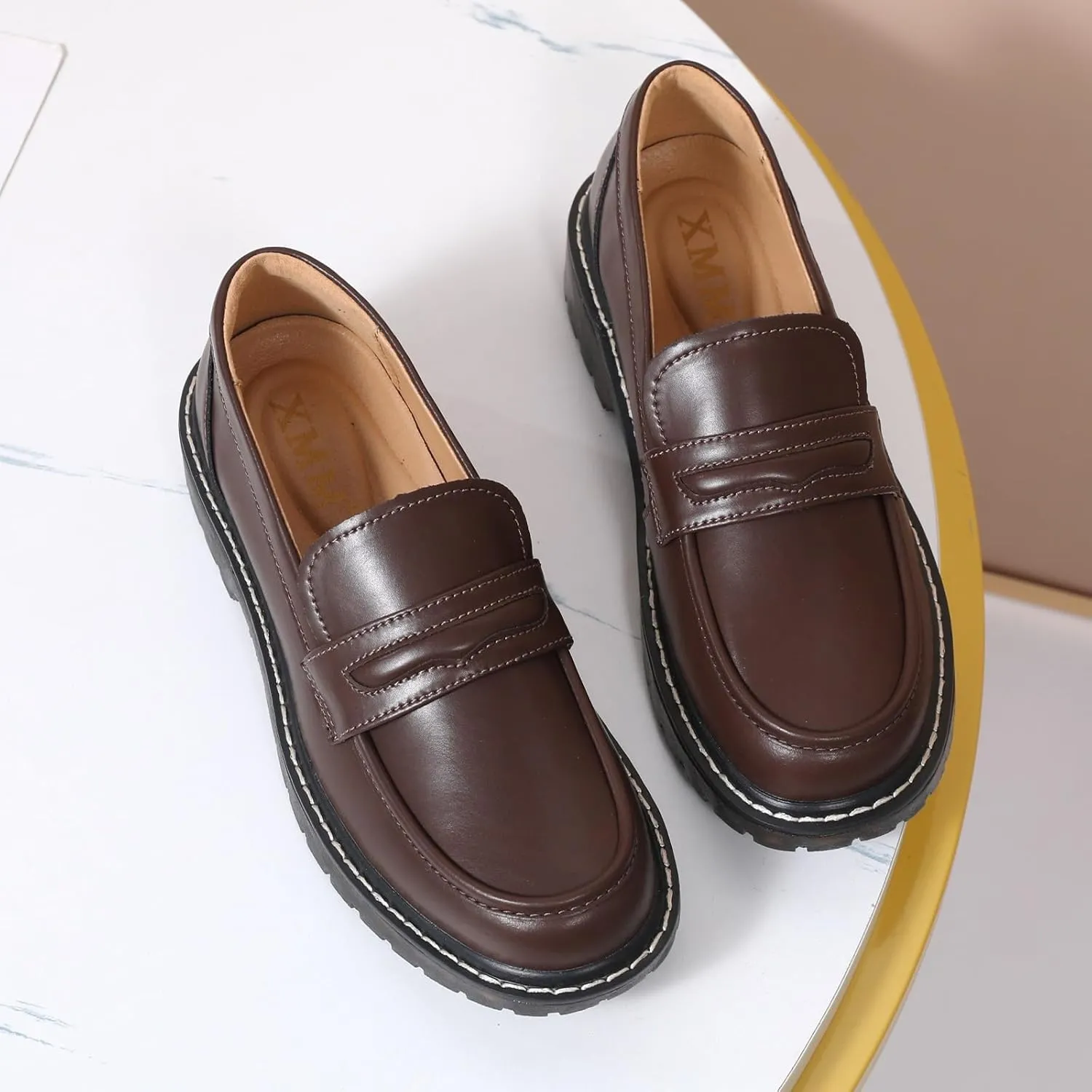 XMM Black Loafers for Women Chunky Loafer Shoes Penny Loafers Flats Lug Sole Lightweight Slip On Ladies Shoes Business Casual Dressy Comfortable Office Shoes