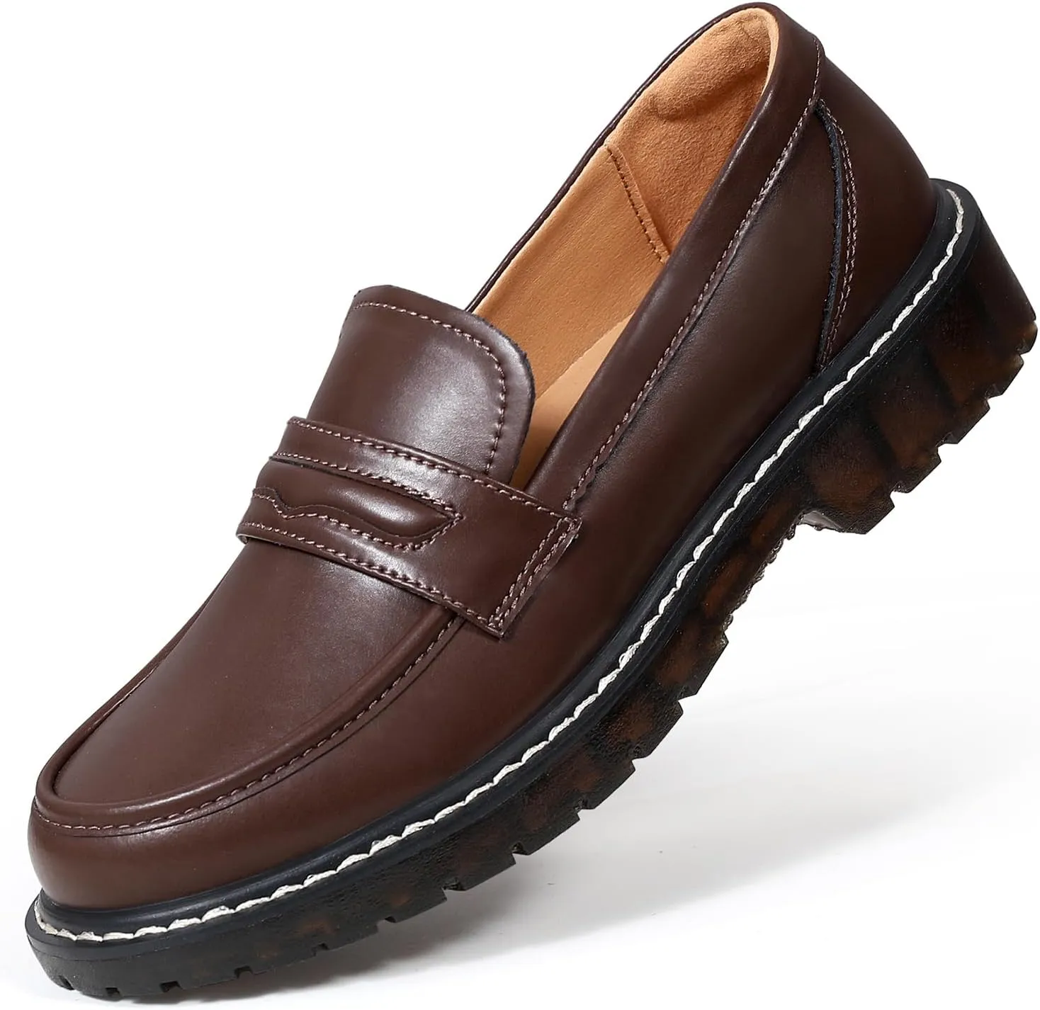 XMM Black Loafers for Women Chunky Loafer Shoes Penny Loafers Flats Lug Sole Lightweight Slip On Ladies Shoes Business Casual Dressy Comfortable Office Shoes