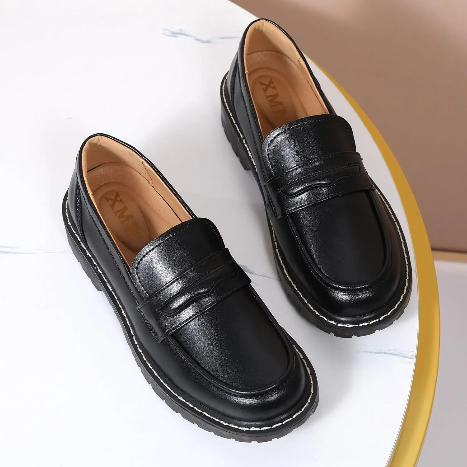 XMM Black Loafers for Women Chunky Loafer Shoes Penny Loafers Flats Lug Sole Lightweight Slip On Ladies Shoes Business Casual Dressy Comfortable Office Shoes