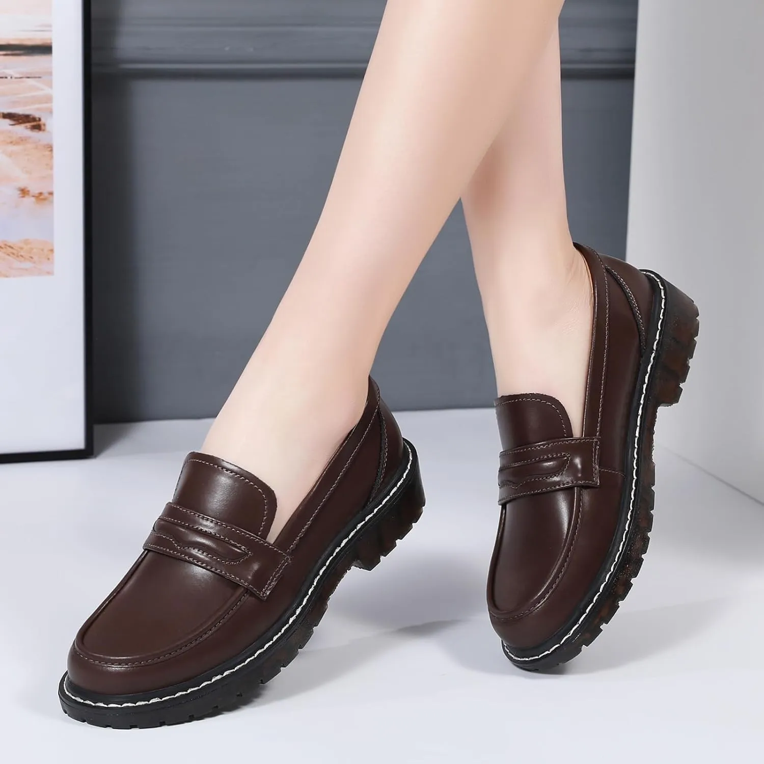 XMM Black Loafers for Women Chunky Loafer Shoes Penny Loafers Flats Lug Sole Lightweight Slip On Ladies Shoes Business Casual Dressy Comfortable Office Shoes