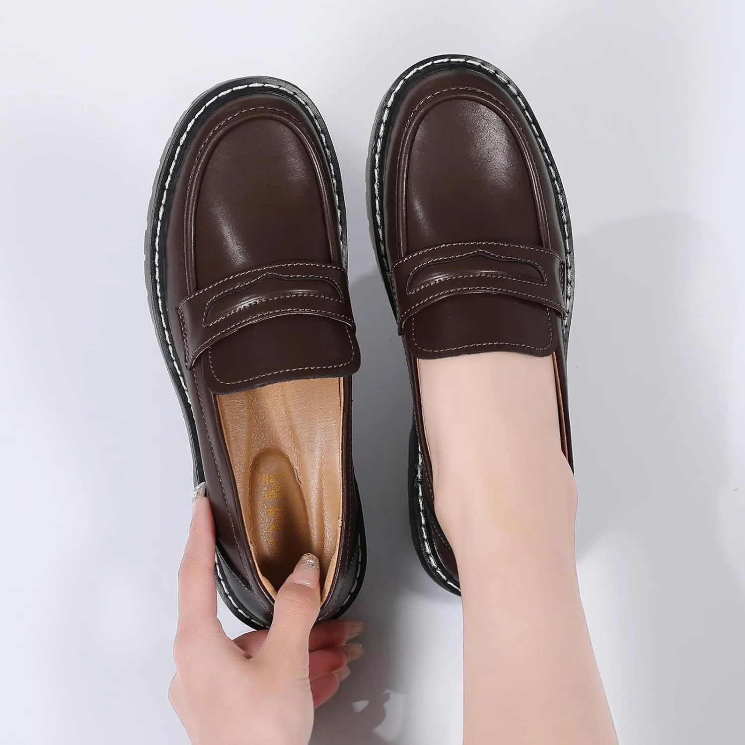 XMM Black Loafers for Women Chunky Loafer Shoes Penny Loafers Flats Lug Sole Lightweight Slip On Ladies Shoes Business Casual Dressy Comfortable Office Shoes
