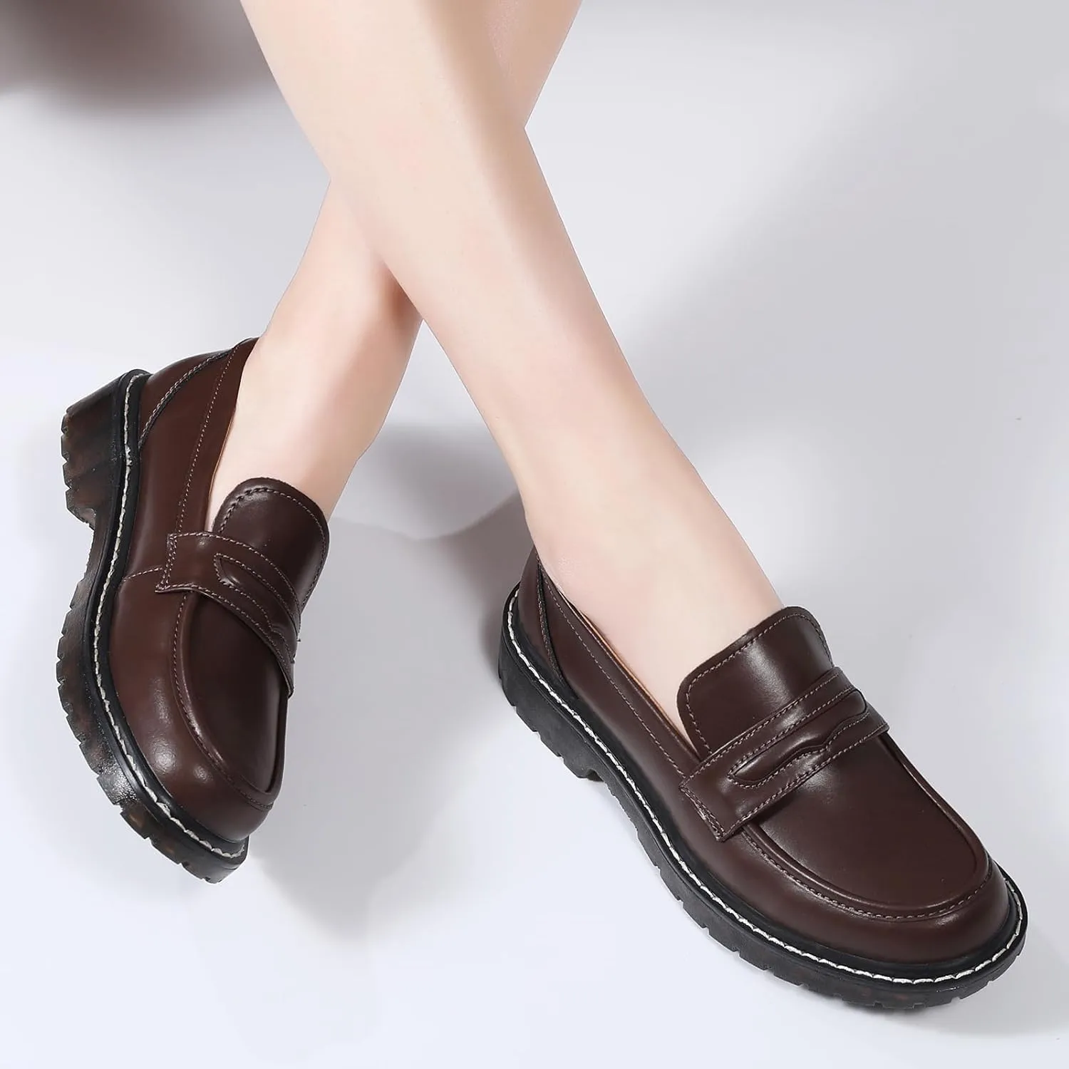 XMM Black Loafers for Women Chunky Loafer Shoes Penny Loafers Flats Lug Sole Lightweight Slip On Ladies Shoes Business Casual Dressy Comfortable Office Shoes