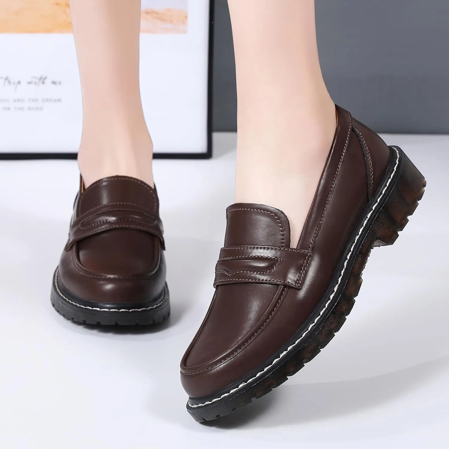 XMM Black Loafers for Women Chunky Loafer Shoes Penny Loafers Flats Lug Sole Lightweight Slip On Ladies Shoes Business Casual Dressy Comfortable Office Shoes