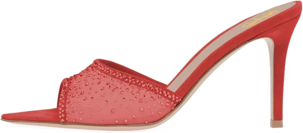 XYD Women Sexy Pointed Open Toe Rhinestones Crystal Slides Sandals High Heel Slip-on Summer Bridal Evening Mesh Shoes