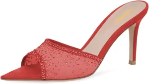 XYD Women Sexy Pointed Open Toe Rhinestones Crystal Slides Sandals High Heel Slip-on Summer Bridal Evening Mesh Shoes