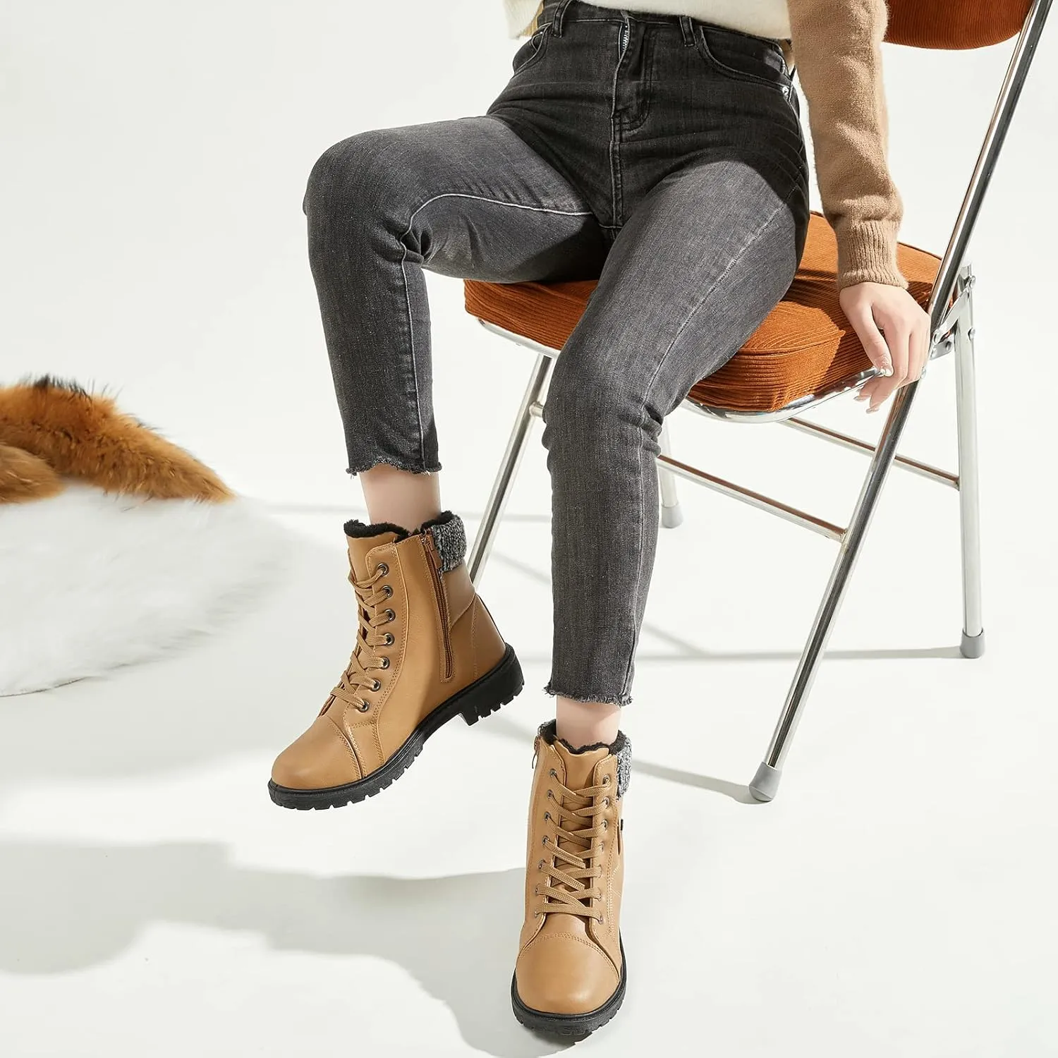 yageyan Womens Winter Snow Boots Warm Fur Lined Winter Water-resistan Ankle Booties Zipper Anti-Slip Combat Boots