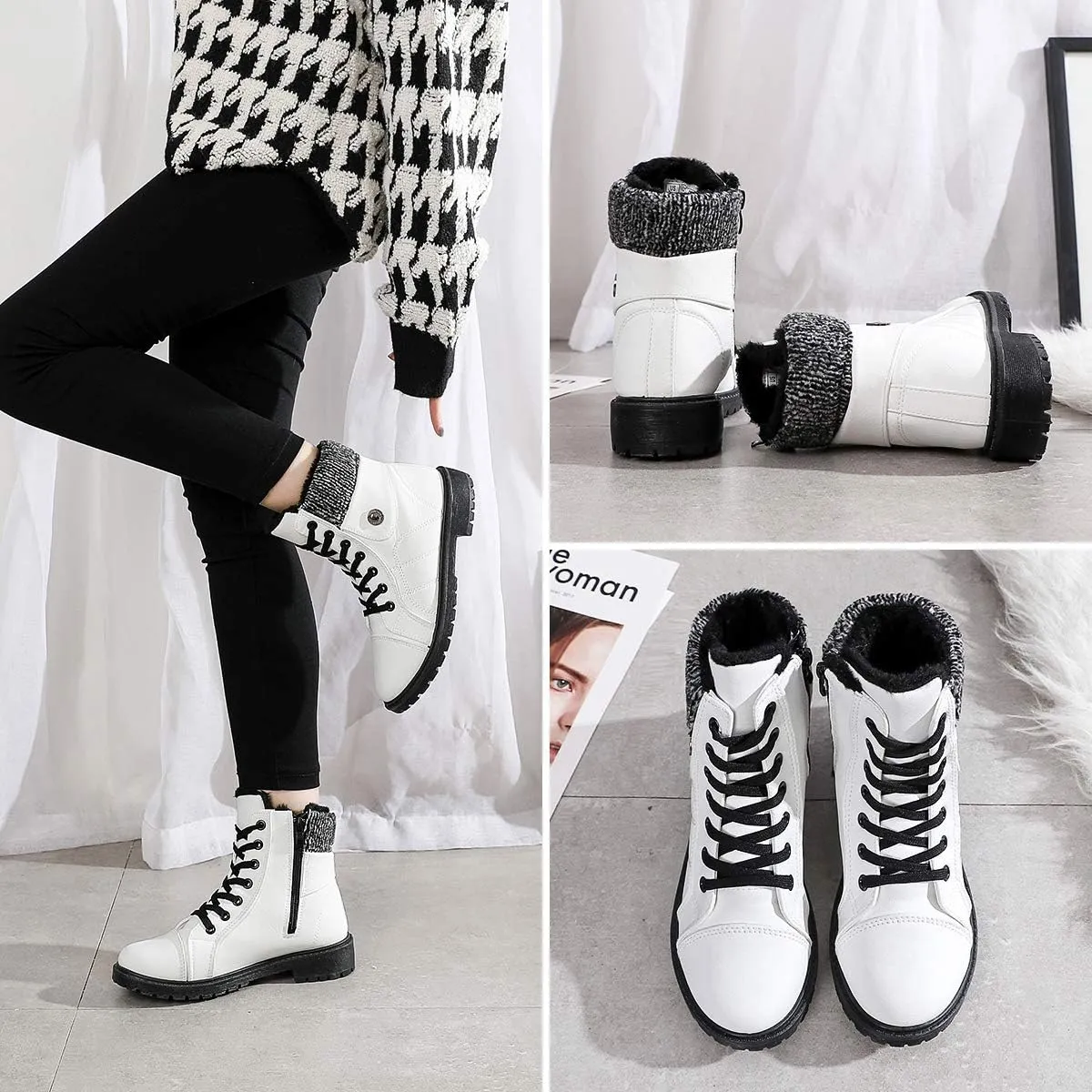 yageyan Womens Winter Snow Boots Warm Fur Lined Winter Water-resistan Ankle Booties Zipper Anti-Slip Combat Boots