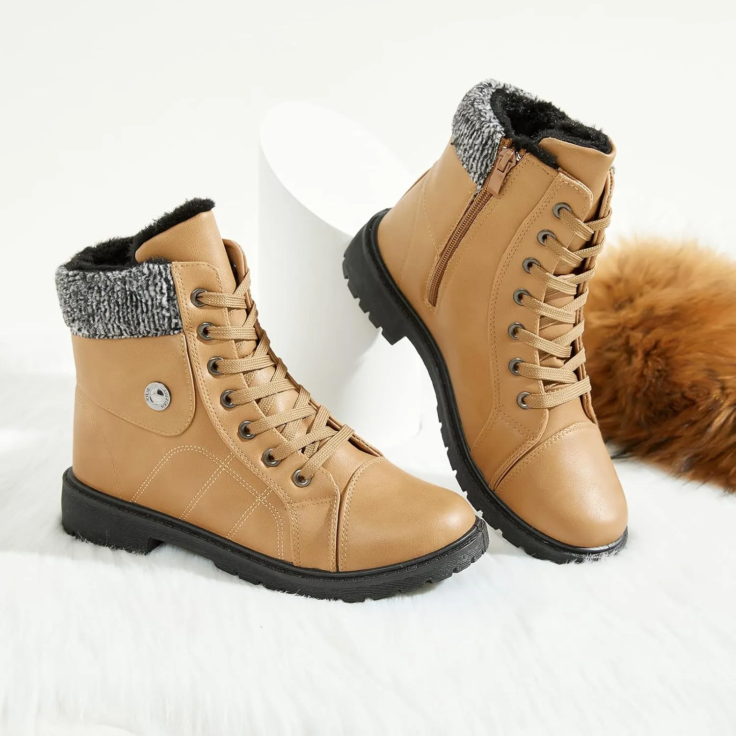 yageyan Womens Winter Snow Boots Warm Fur Lined Winter Water-resistan Ankle Booties Zipper Anti-Slip Combat Boots