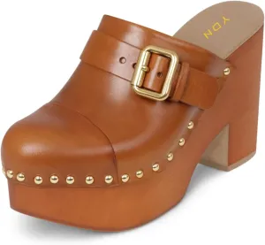 YDN Women's Chic Platform Closed Round Toe Mules Rivet Studded Chunky Block Heels Buckled Strap Slip On Sandals Daily Outfit Dress Slide Shoe Size 4-16 US