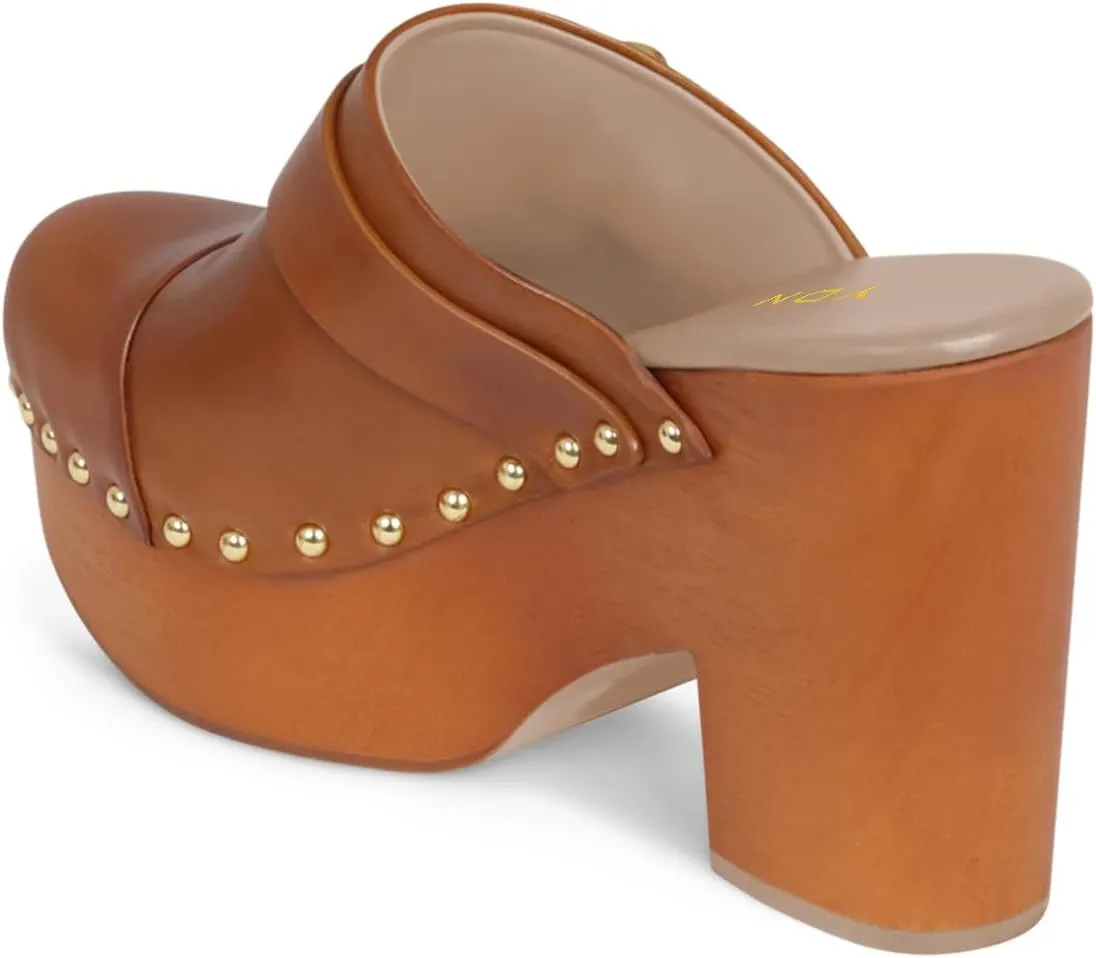 YDN Women's Chic Platform Closed Round Toe Mules Rivet Studded Chunky Block Heels Buckled Strap Slip On Sandals Daily Outfit Dress Slide Shoe Size 4-16 US