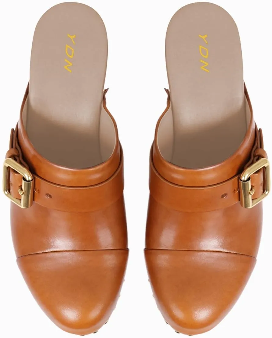 YDN Women's Chic Platform Closed Round Toe Mules Rivet Studded Chunky Block Heels Buckled Strap Slip On Sandals Daily Outfit Dress Slide Shoe Size 4-16 US