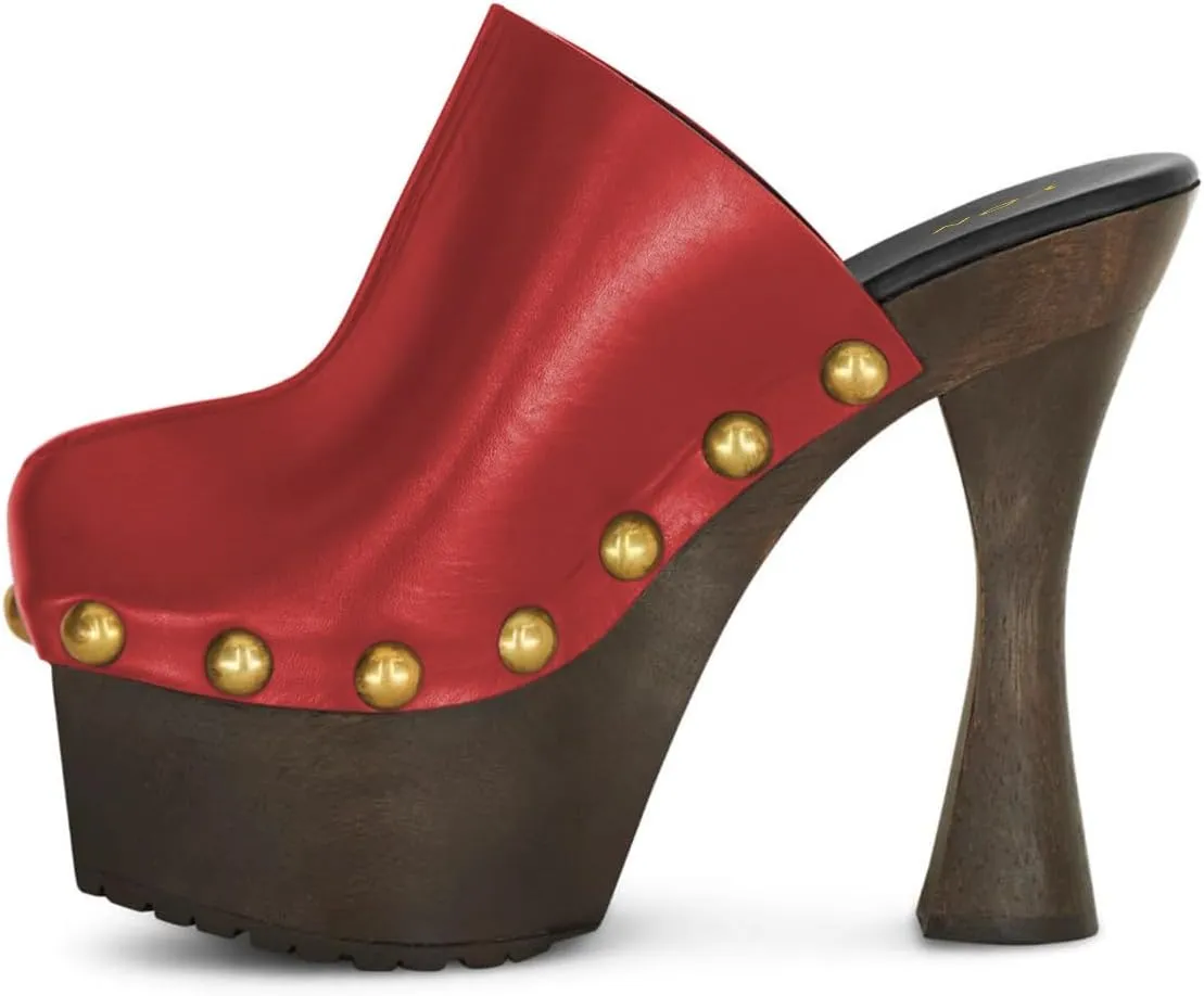 YDN Women's Nail Studded Round Toe Platform Mules Chunky Block High Heels Sexy Slip On Pumps Comfy Casual Party Daily Silde Shoes Size 4-16 US