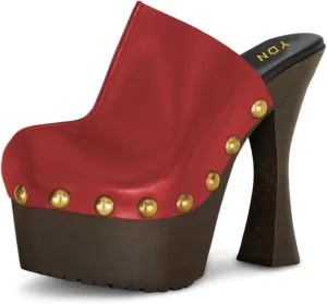 YDN Women's Nail Studded Round Toe Platform Mules Chunky Block High Heels Sexy Slip On Pumps Comfy Casual Party Daily Silde Shoes Size 4-16 US