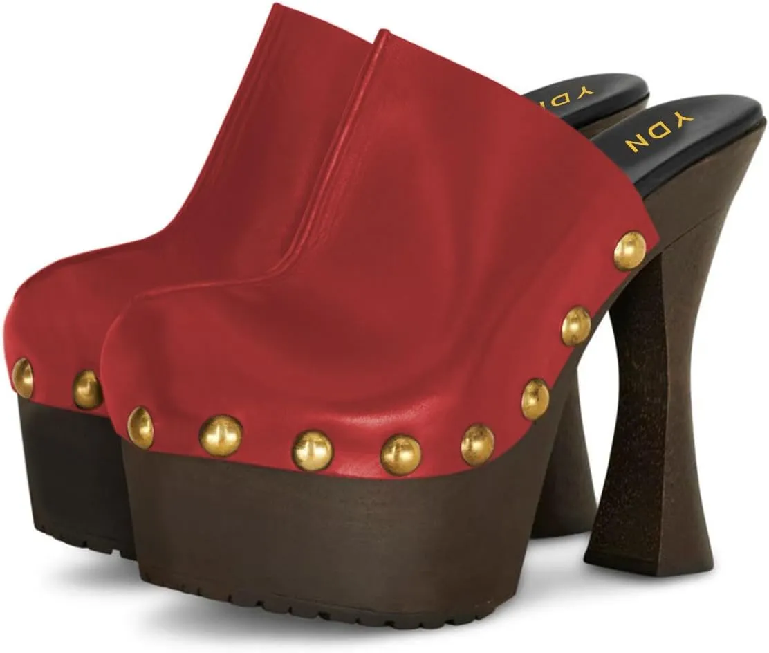 YDN Women's Nail Studded Round Toe Platform Mules Chunky Block High Heels Sexy Slip On Pumps Comfy Casual Party Daily Silde Shoes Size 4-16 US