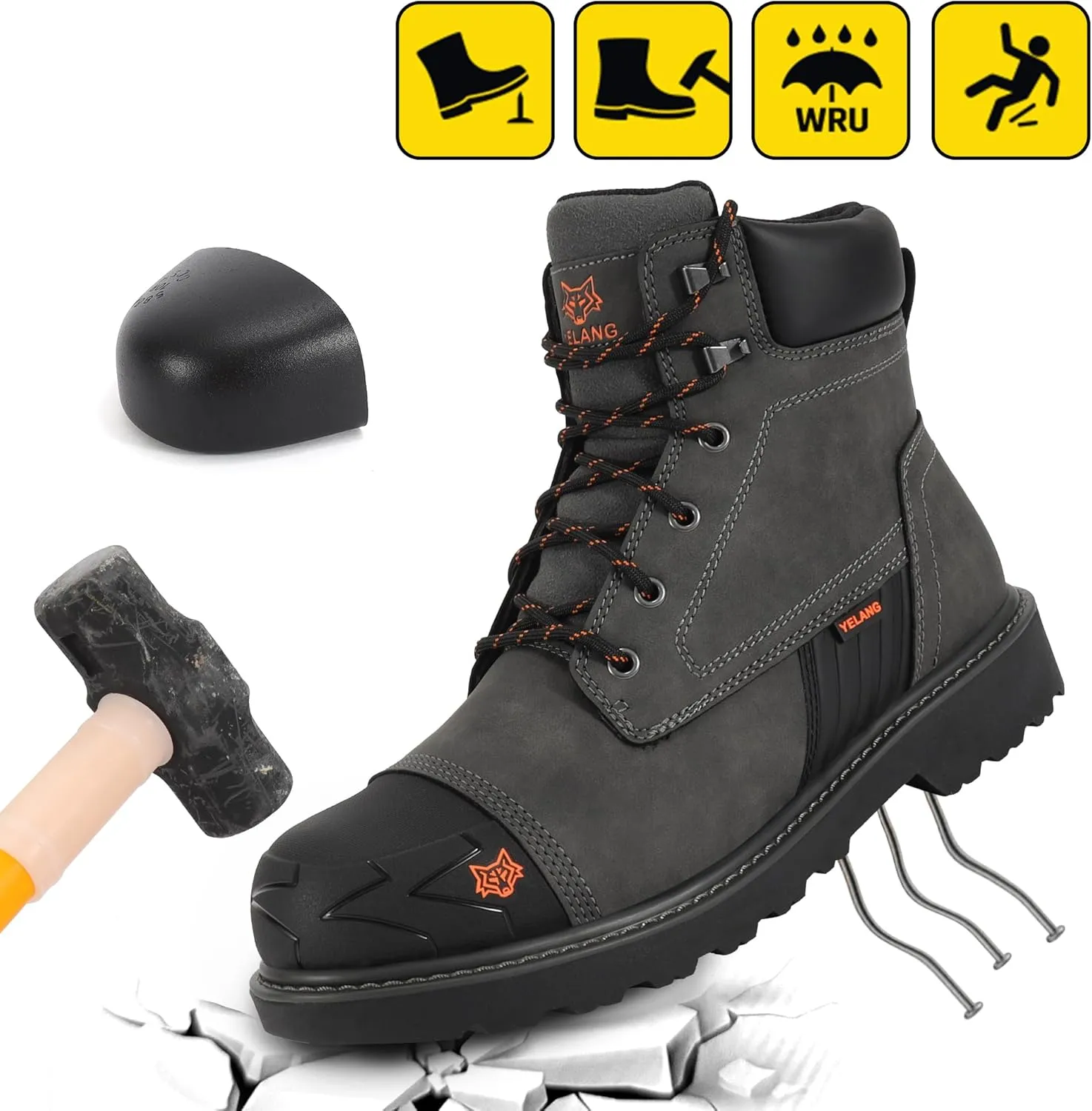 Yelang Men's Steel Toe Safety Work Boot Slip Resistant Puncture Utility Shoes 6 Inch For Industrial Construction Outdoor botas de trabajo para hombre