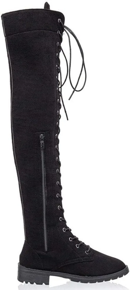 YING LAN Women's Over The Knee Low Heel Lace Up Tall Boots