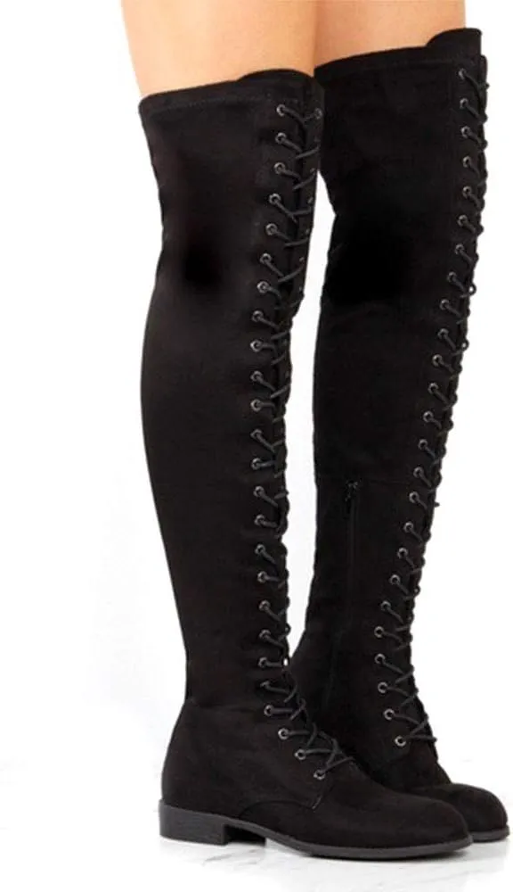YING LAN Women's Over The Knee Low Heel Lace Up Tall Boots