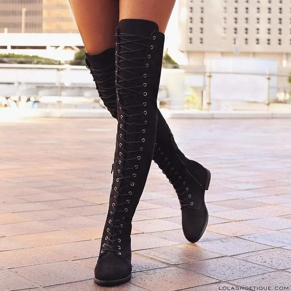 YING LAN Women's Over The Knee Low Heel Lace Up Tall Boots
