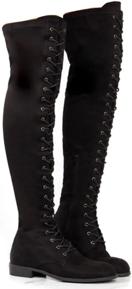 YING LAN Women's Over The Knee Low Heel Lace Up Tall Boots
