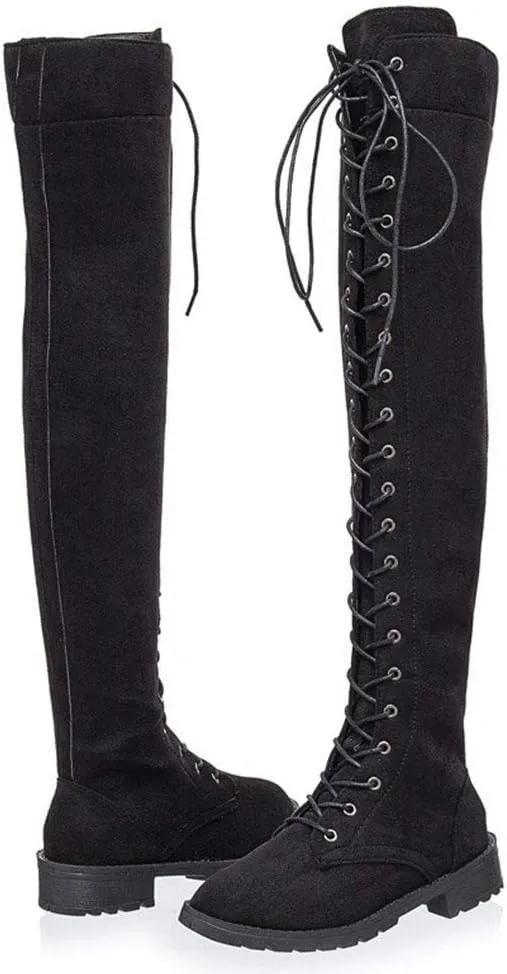 YING LAN Women's Over The Knee Low Heel Lace Up Tall Boots