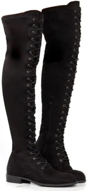 YING LAN Women's Over The Knee Low Heel Lace Up Tall Boots