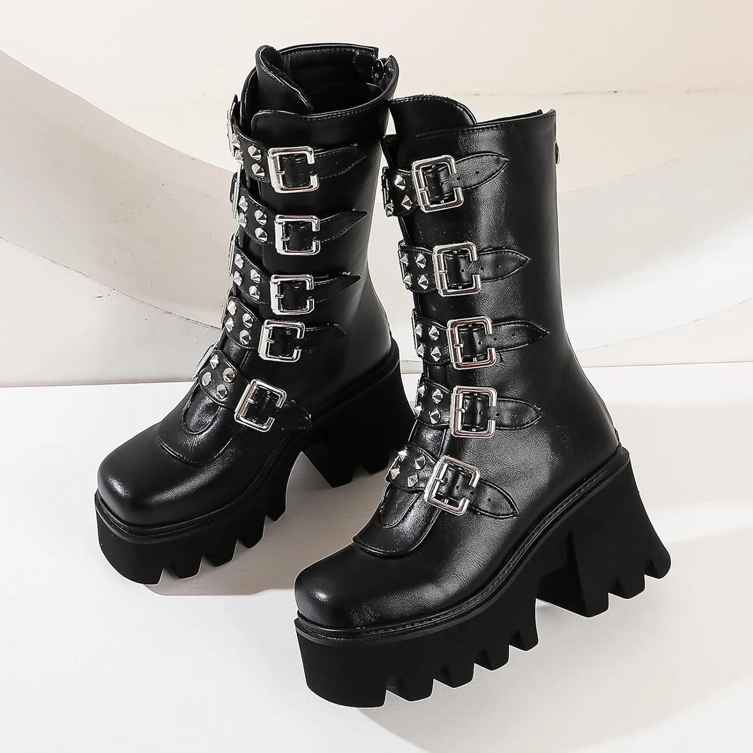 YIYA Black Platform Goth Boots for Women Studded Wide Mid Calf Combat Punk Boots Round Toe Buckle Chunky Heel Back Zipper Thick Sole Ankle Booties