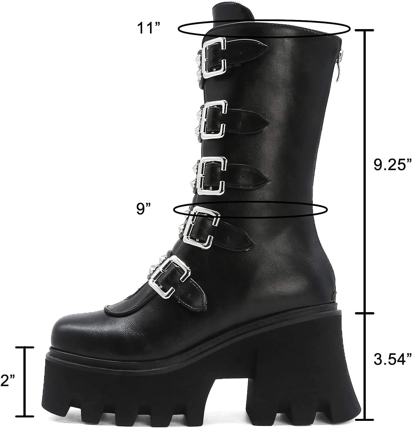 YIYA Black Platform Goth Boots for Women Studded Wide Mid Calf Combat Punk Boots Round Toe Buckle Chunky Heel Back Zipper Thick Sole Ankle Booties