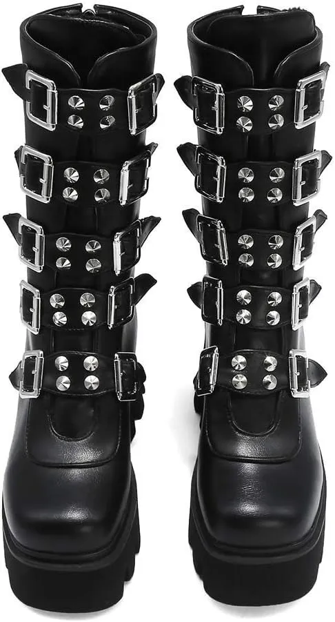 YIYA Black Platform Goth Boots for Women Studded Wide Mid Calf Combat Punk Boots Round Toe Buckle Chunky Heel Back Zipper Thick Sole Ankle Booties