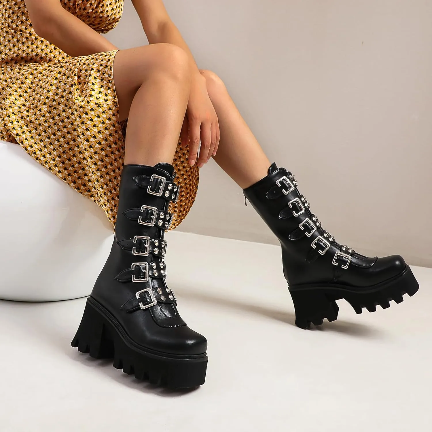 YIYA Black Platform Goth Boots for Women Studded Wide Mid Calf Combat Punk Boots Round Toe Buckle Chunky Heel Back Zipper Thick Sole Ankle Booties