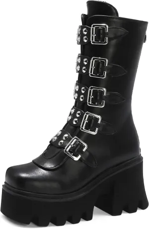 YIYA Black Platform Goth Boots for Women Studded Wide Mid Calf Combat Punk Boots Round Toe Buckle Chunky Heel Back Zipper Thick Sole Ankle Booties