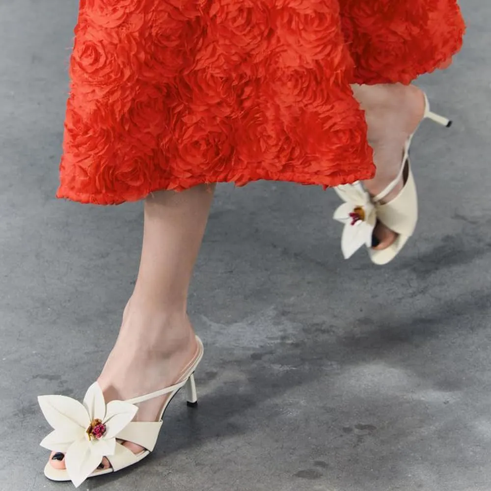 YIYA Women's Flower Mules Heels Open Pointed Toe Stiletto Kitten Heels Slip On Dress Party Sandals
